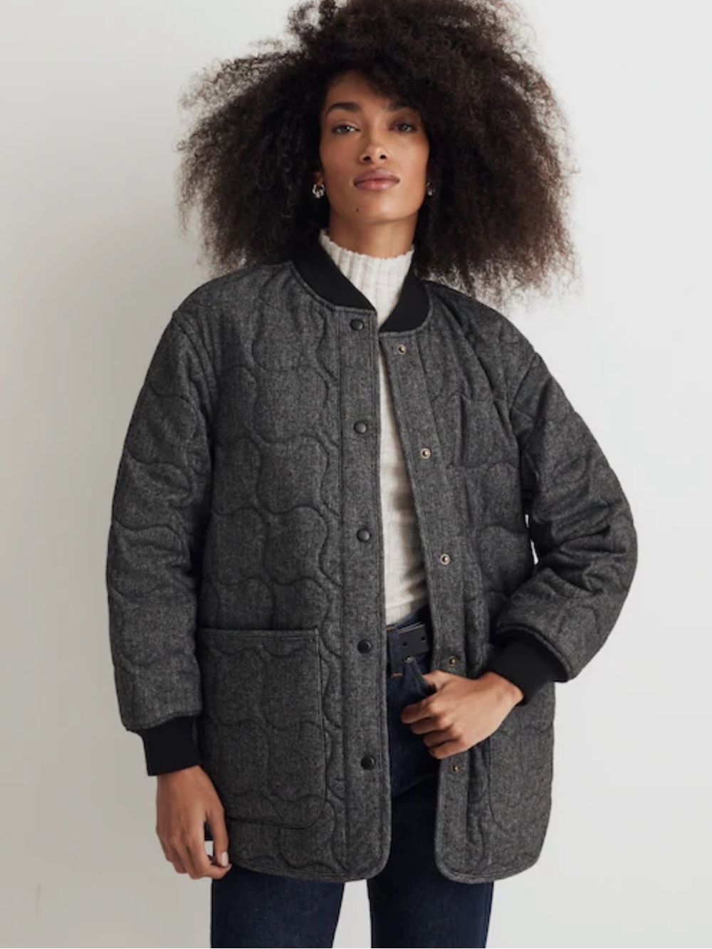 Madewell Quilted Oversized Bomber Jacket in True Black